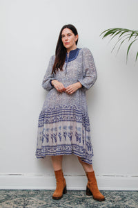 1970's Blue Indian Gauze Floral Fabric Rare Dress