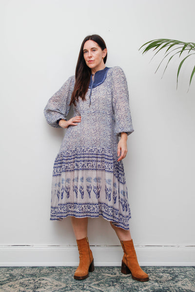 1970's Blue Indian Gauze Floral Fabric Rare Dress