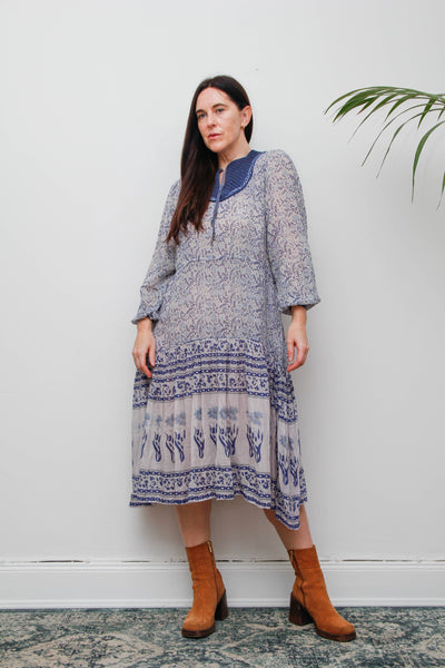 1970's Blue Indian Gauze Floral Fabric Rare Dress