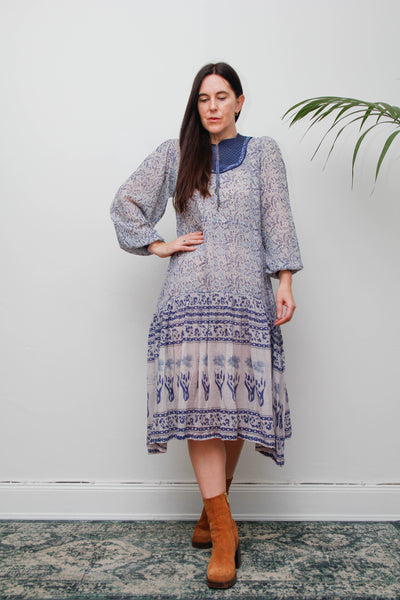 1970's Blue Indian Gauze Floral Fabric Rare Dress