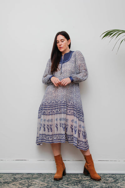 1970's Blue Indian Gauze Floral Fabric Rare Dress