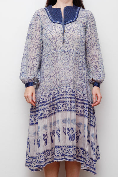 1970's Blue Indian Gauze Floral Fabric Rare Dress