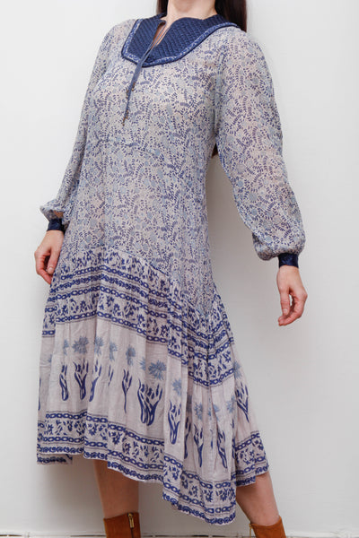 1970's Blue Indian Gauze Floral Fabric Rare Dress