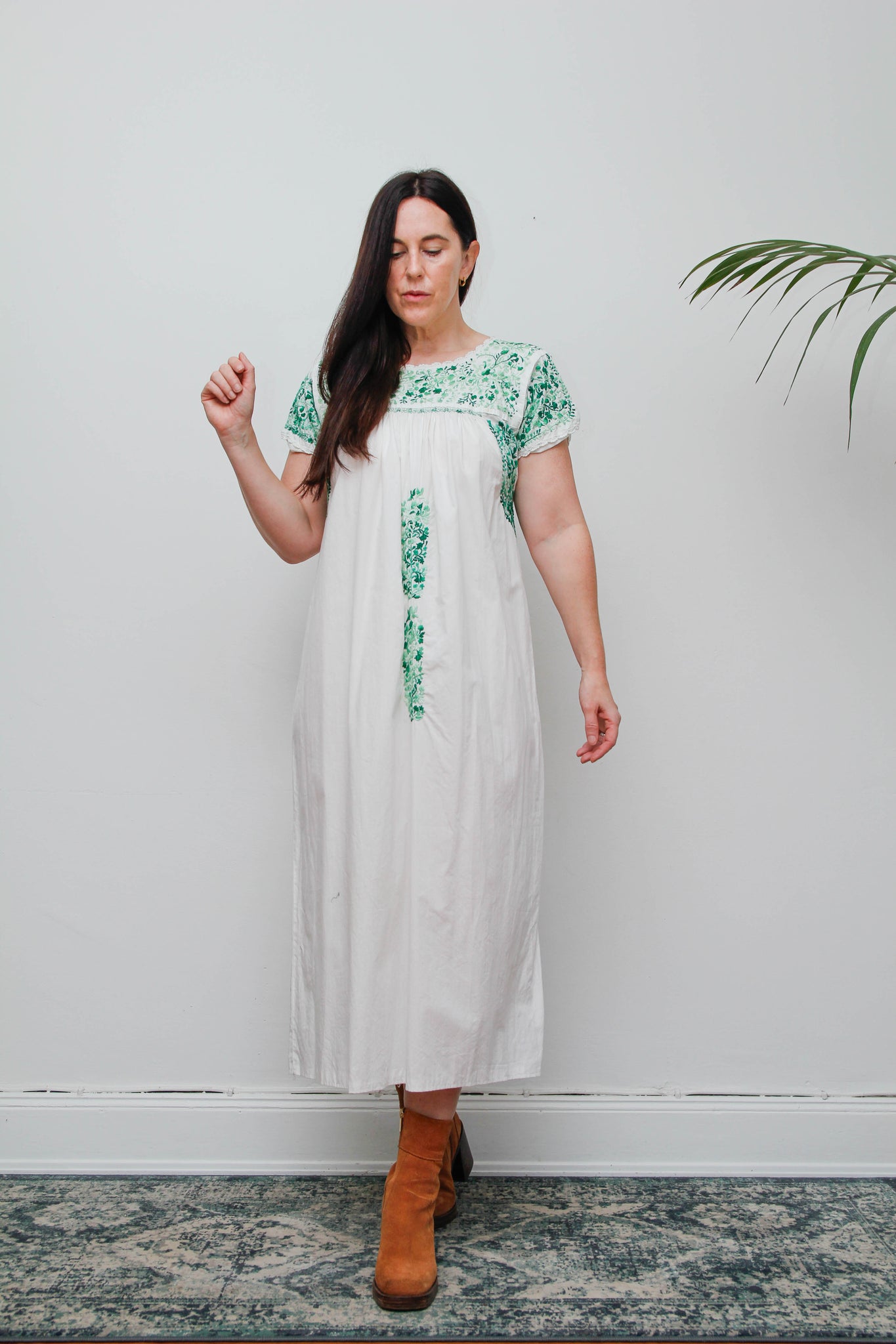 1970's Traditional Cotton Floral Embroidered Oaxacan Mexican Dress