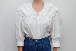 Vintage White Cotton Blouse with Embroidered Collar