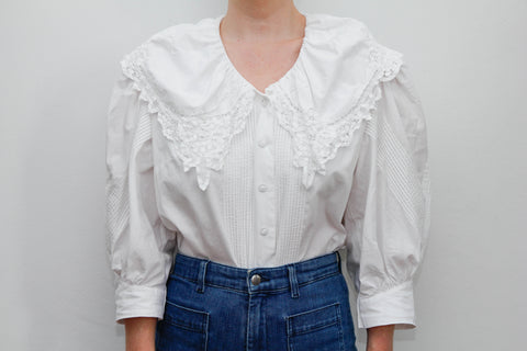 Vintage White Cotton Blouse with Embroidered Collar