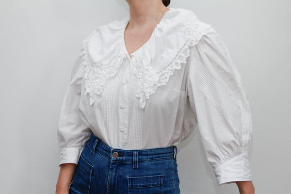 Vintage White Cotton Blouse with Embroidered Collar