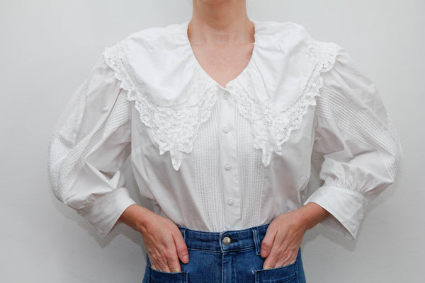 Vintage White Cotton Blouse with Embroidered Collar