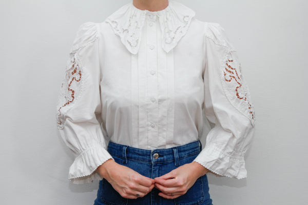 Vintage blouse cutwork sharp collar long seleeve