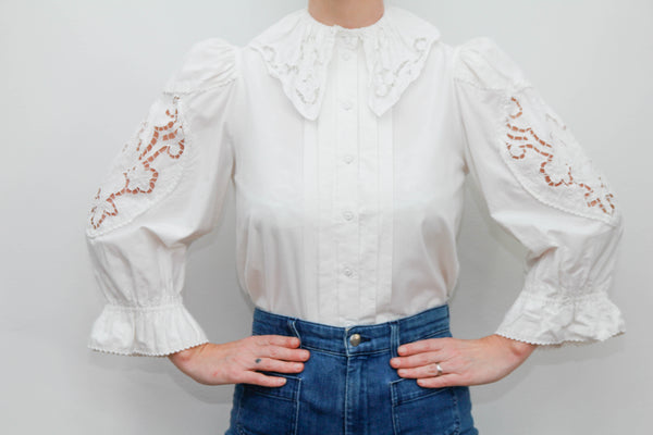 Vintage blouse cutwork sharp collar long seleeve