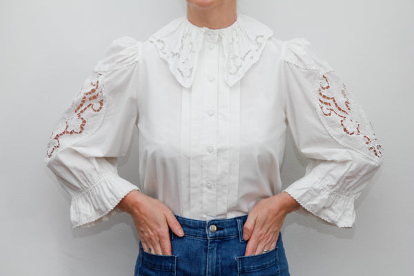 Vintage blouse cutwork sharp collar long seleeve