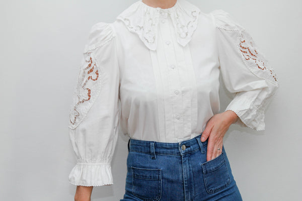 Vintage blouse cutwork sharp collar long seleeve