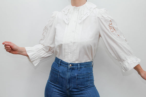 Vintage blouse cutwork sharp collar long seleeve