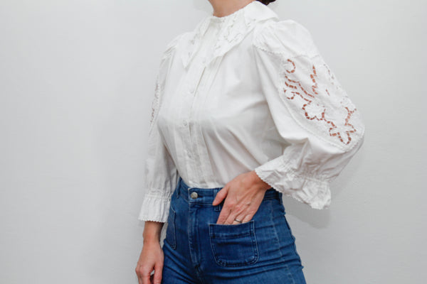 Vintage blouse cutwork sharp collar long seleeve