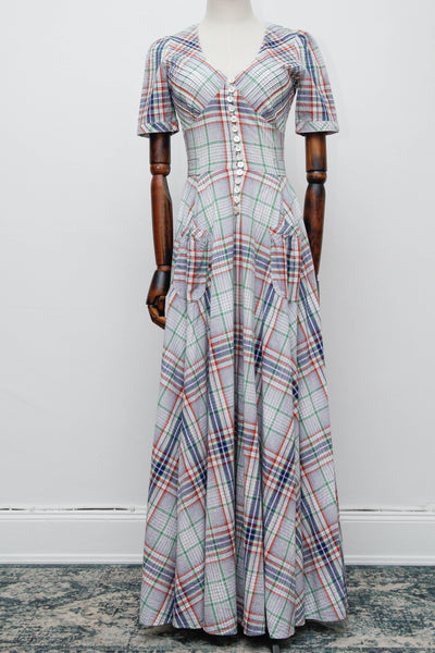 1970's Betty Barclay Checked Paid Prairie Maxi Dress