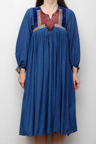 Rare 1970s Afghan Dress – Hand Embroidered Velvet & Cotton Bohemian