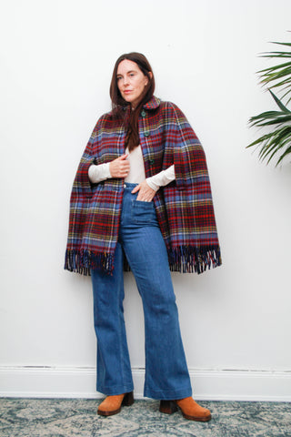Vintage 1970s Tartan Wool Cape – Red & Blue Fringe