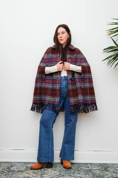Vintage 1970s Tartan Wool Cape – Red & Blue Fringe