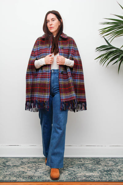 Vintage 1970s Tartan Wool Cape – Red & Blue Fringe