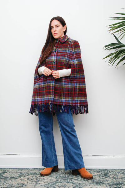 Vintage 1970s Tartan Wool Cape – Red & Blue Fringe