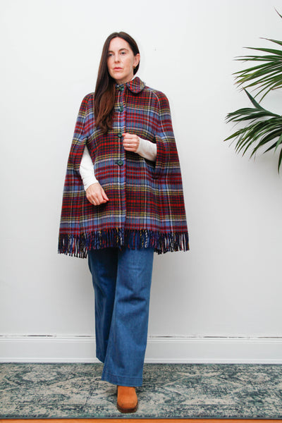 Vintage 1970s Tartan Wool Cape – Red & Blue Fringe
