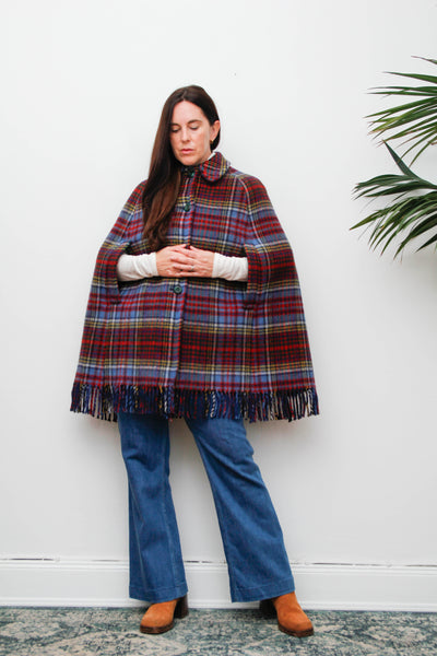 Vintage 1970s Tartan Wool Cape – Red & Blue Fringe