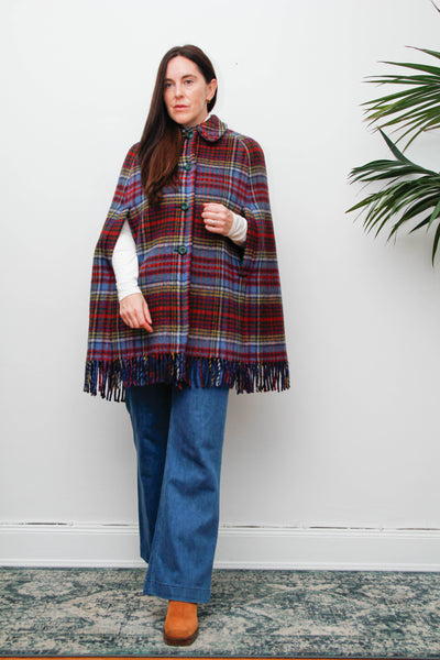 Vintage 1970s Tartan Wool Cape – Red & Blue Fringe