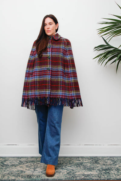 Vintage 1970s Tartan Wool Cape – Red & Blue Fringe