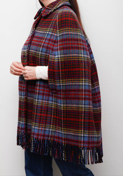 Vintage 1970s Tartan Wool Cape – Red & Blue Fringe