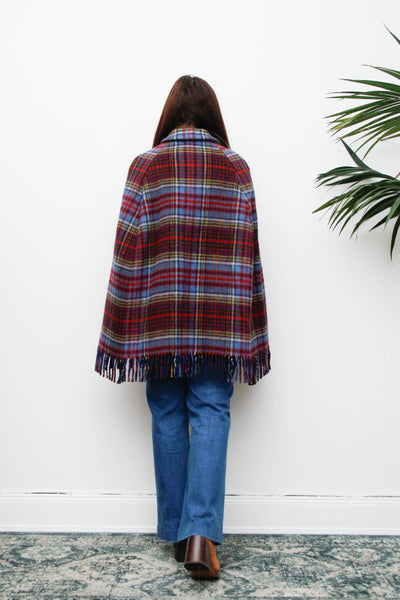 Vintage 1970s Tartan Wool Cape – Red & Blue Fringe