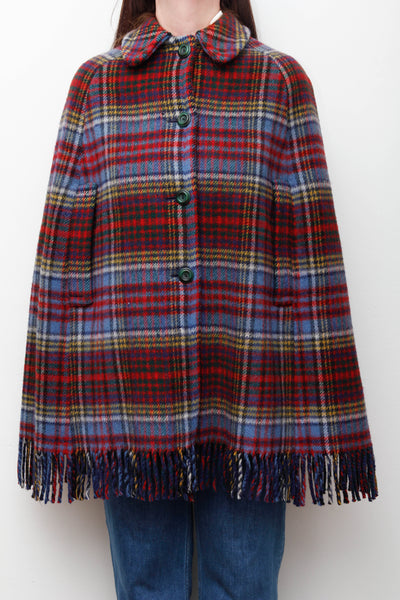 Vintage 1970s Tartan Wool Cape – Red & Blue Fringe