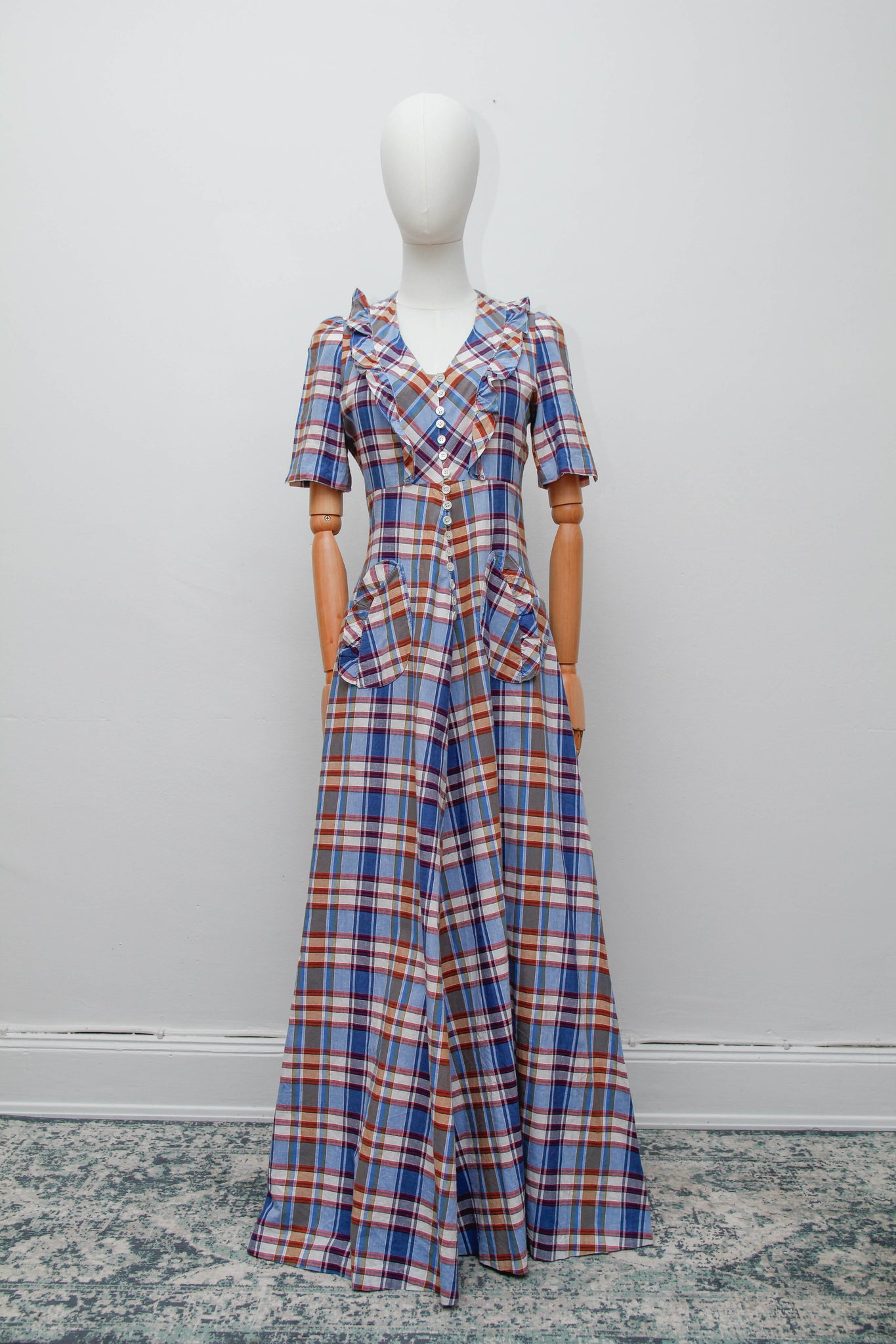 1970's Betty Barclay Checked Paid Prairie Maxi Dress