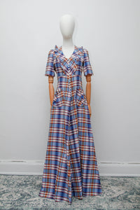 1970's Betty Barclay Checked Paid Prairie Maxi Dress