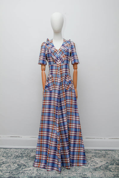 1970's Betty Barclay Checked Paid Prairie Maxi Dress