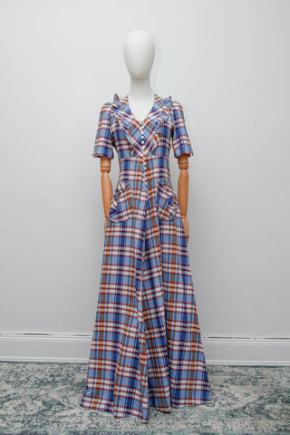 1970's Betty Barclay Checked Paid Prairie Maxi Dress