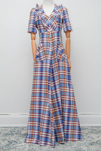 1970's Betty Barclay Checked Paid Prairie Maxi Dress