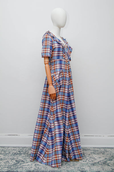 1970's Betty Barclay Checked Paid Prairie Maxi Dress