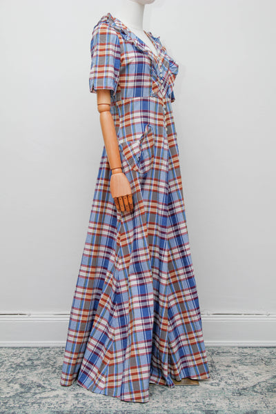 1970's Betty Barclay Checked Paid Prairie Maxi Dress