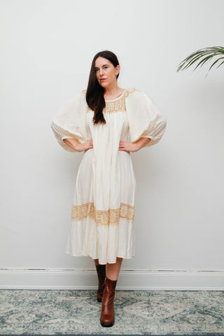 1970's Cream  Gauze Cotton Smock Dress