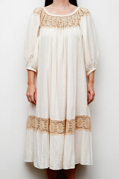 1970's Cream  Gauze Cotton Smock Dress