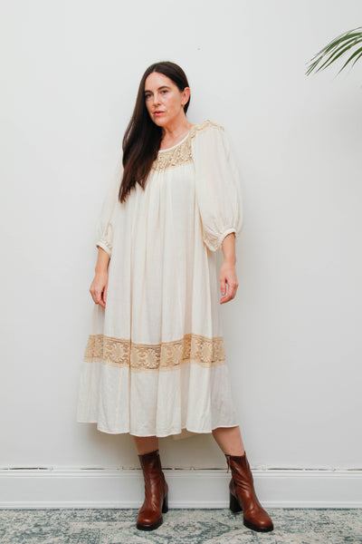 1970's Cream  Gauze Cotton Smock Dress
