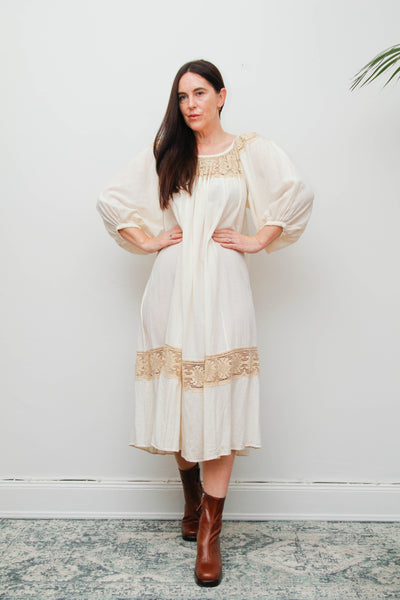 1970's Cream  Gauze Cotton Smock Dress