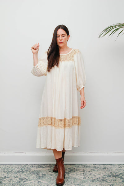 1970's Cream  Gauze Cotton Smock Dress