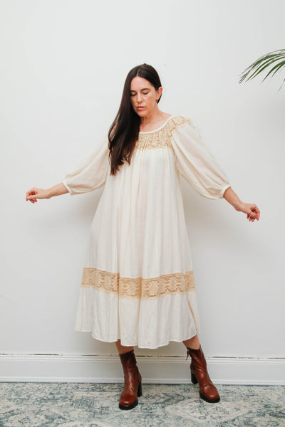 1970's Cream  Gauze Cotton Smock Dress