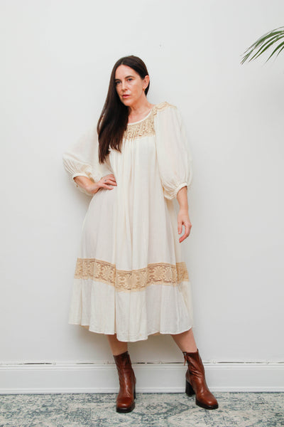 1970's Cream  Gauze Cotton Smock Dress