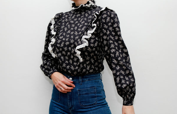 Vintage 1970s Prairie Blouse – Navy Ditsy Floral with Frills