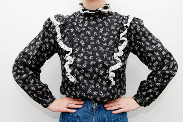 Vintage 1970s Prairie Blouse – Navy Ditsy Floral with Frills
