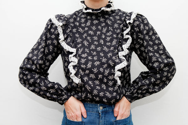 Vintage 1970s Prairie Blouse – Navy Ditsy Floral with Frills