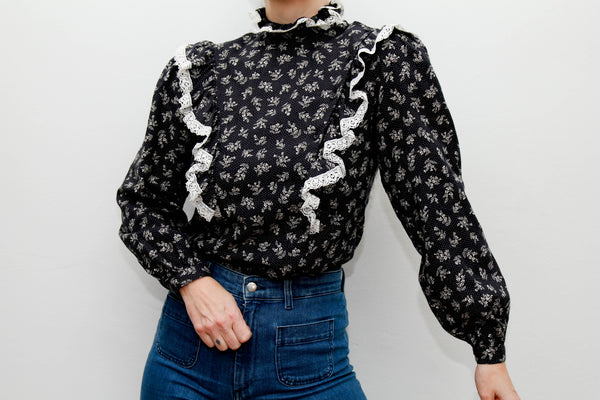 Vintage 1970s Prairie Blouse – Navy Ditsy Floral with Frills