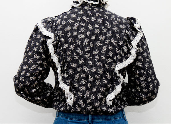 Vintage 1970s Prairie Blouse – Navy Ditsy Floral with Frills